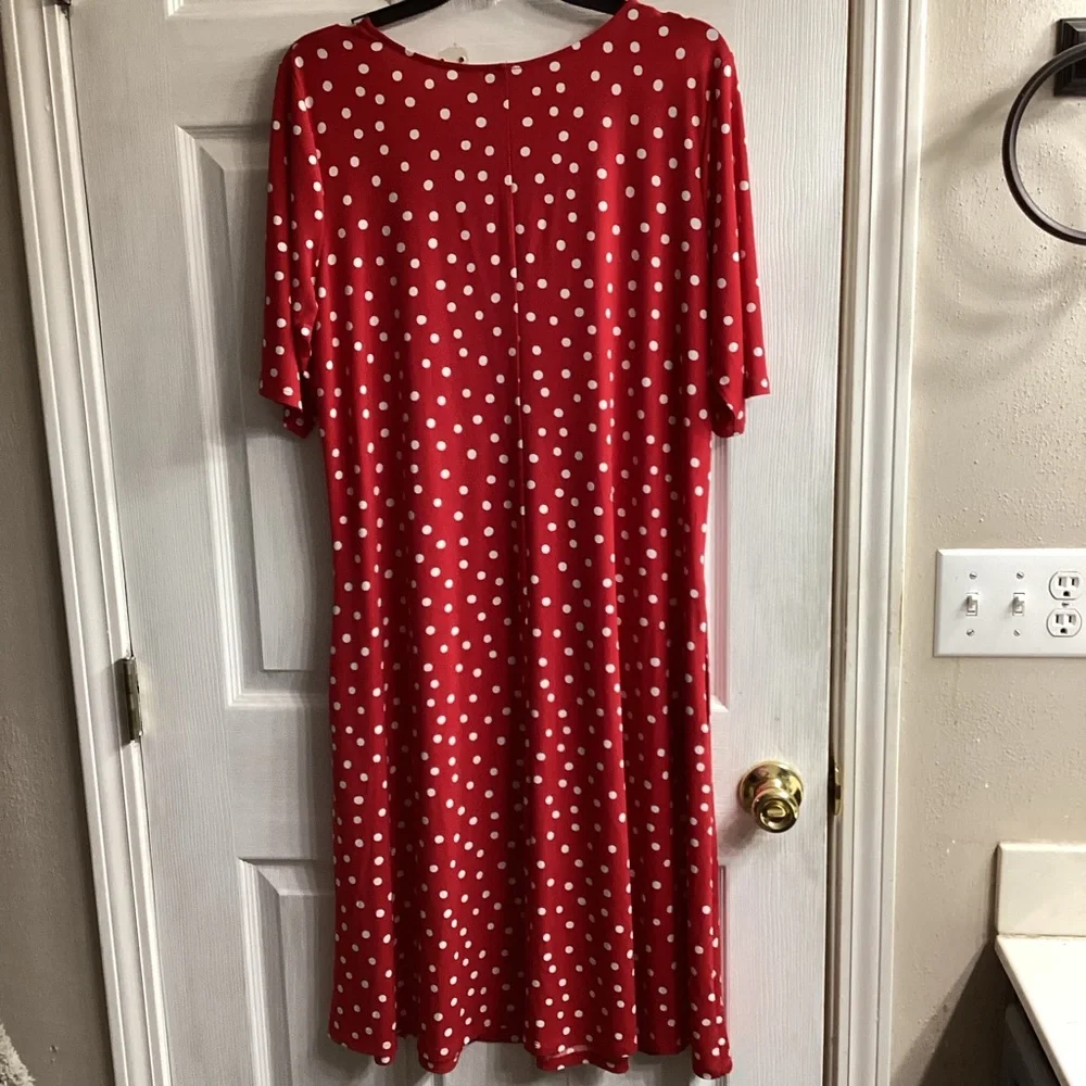 Susan Graver Printed Liquid Knit Fit & Flare Dress Large Tall Red Dot Pockets - Picture 6 of 10